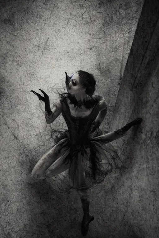 Image similar to dark ballerina, emil melmoth, concept art, deviantart, dark, 3 5 mm, chiaroscuro, surrealist, victorian, mist, dark down a basement stairs see from above