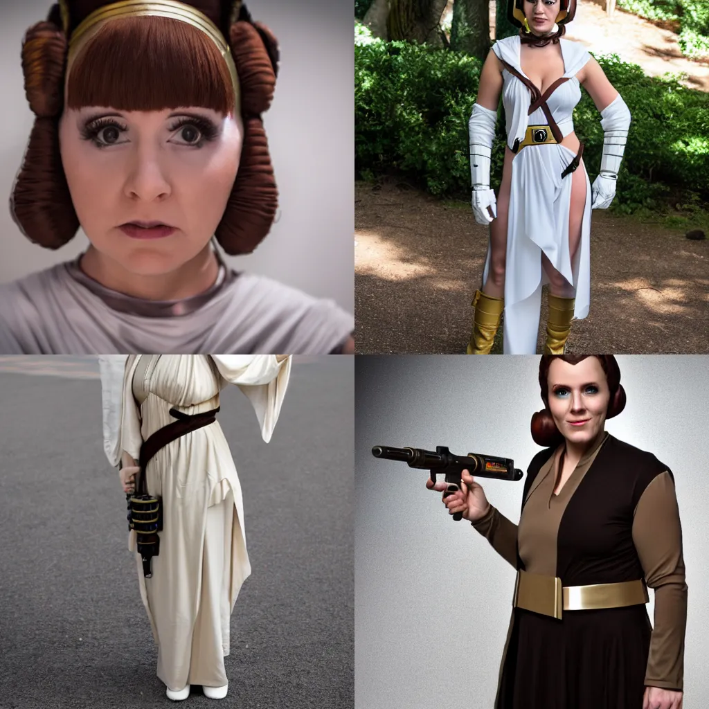 Prompt: a woman cosplaying as leia from star wars, 4k