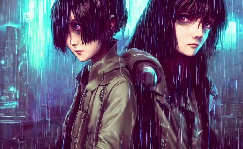 Prompt: an epic fantasy comic book style portrait painting of an extremely cute and adorable very beautiful cyberpunk lain ( serial experiments lain ) and a very imposing industrial goth trent reznor in the rain, neon reflections, character design by mark ryden and pixar and hayao miyazaki, unreal 5, daz, hyperrealistic, octane render, cosplay, rpg portrait, dynamic lighting, intricate detail, cinematic