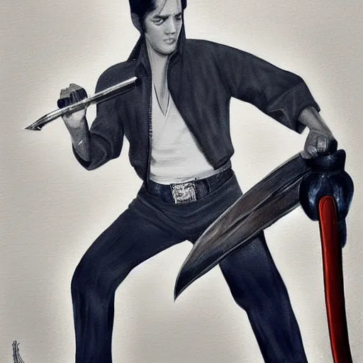 Image similar to elvis presley standing in a fighting stance holding a katana by the hilt with both hands ready to strike, realistic, digital painting, detailed,