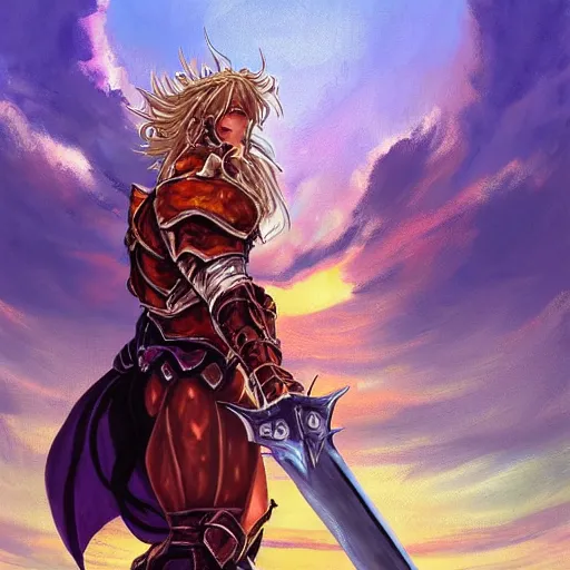 Image similar to painting of siegfried from soulcalibur!!!!!, watching a purple and orange sunset!!, from the black mage cemetery!!!, in the style of justin gerard!!!!