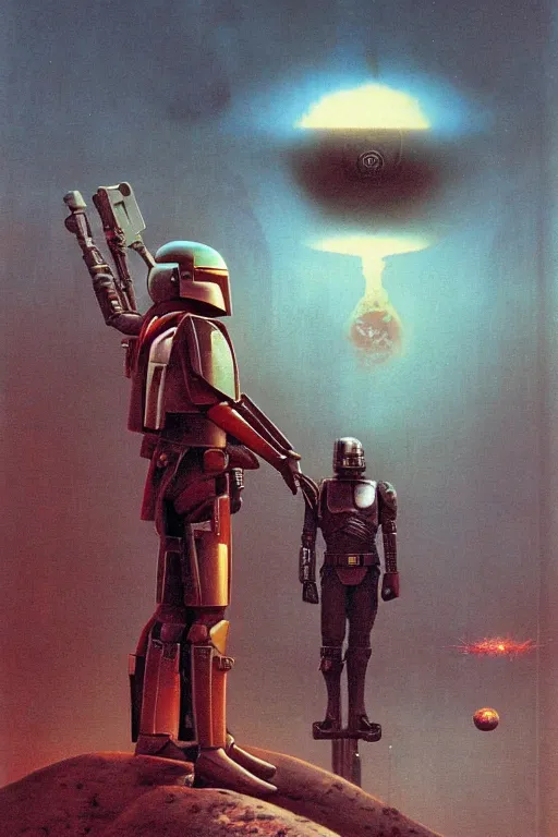 Image similar to mandalorian and robocop by beksinski on a background with destroyed exploding planets and atomic bomb explosion, backlight