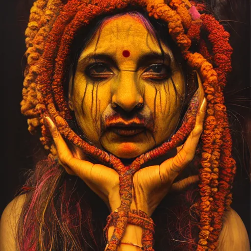 Image similar to realistic exposed expired fuji film portrait of aghori tantrik india woman, tentacled creature mix, marigold celestial vibe, hyperrealism, hypermaxiymalism, photorealistic, detailed, atmospheric, 8 k, award winning photography, cinematic