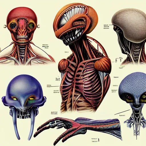 Image similar to alien anatomy Book, detailed, diagrams, high definition illustration