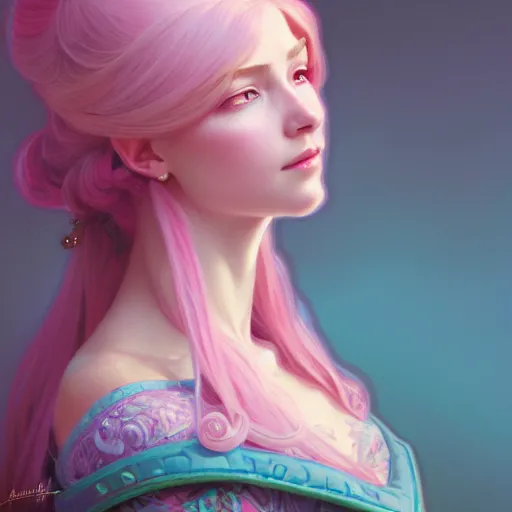 Image similar to aristocrat, teal pink color palette, female, d & d, fantasy, intricate, elegant, highly detailed, long pink hair, digital painting, artstation, octane render, concept art, matte, sharp focus, illustration, hearthstone, art by artgerm, alphonse mucha johannes voss