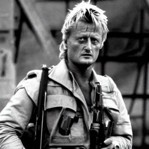 Prompt: rutger hauer in a military base, 1 9 8 7, movie still