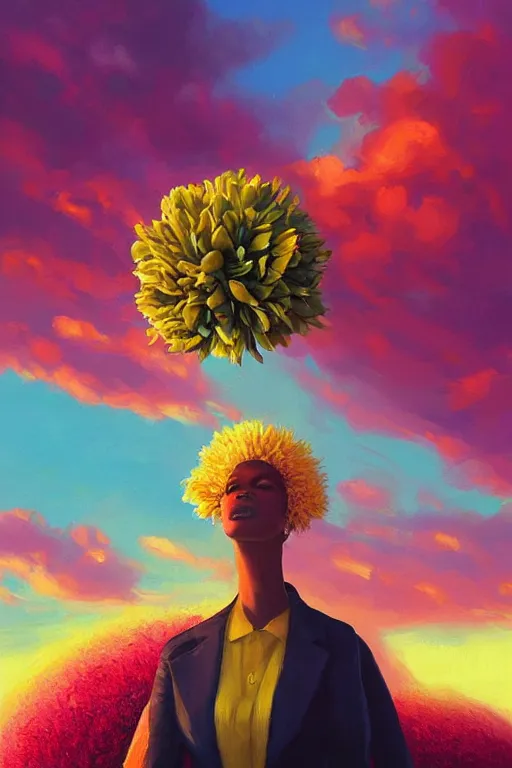 Image similar to closeup, giant flower as head, black woman in suit, surreal photography, golden hour, colorful clouds, impressionist painting, digital painting, artstation, simon stalenhag