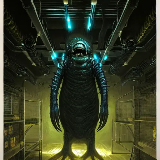 Image similar to menacing aggressive fast engineered black slimy creature made out of needles, inside a gas station, aggressive harsh bright fluorescent industrial blue lighting, extremely detailed digital matte painting buy Greg Rutkowski and H.R. Giger