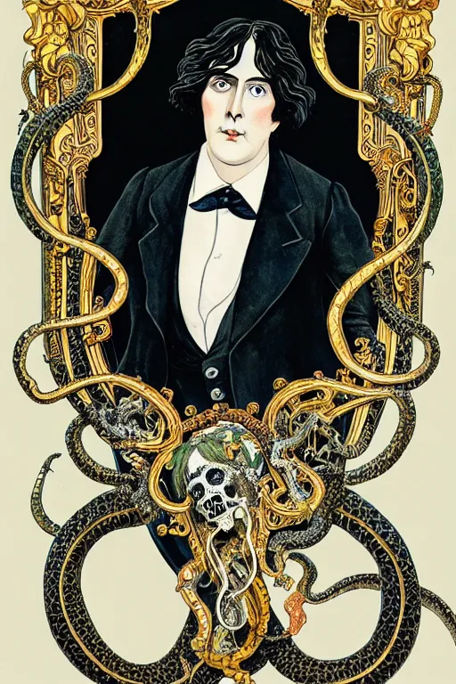 Prompt: realistic portrait of oscar wilde in the center of an ornate rococo frame with skulls and snakes, detailed art by kay nielsen and walter crane, illustration style, watercolor