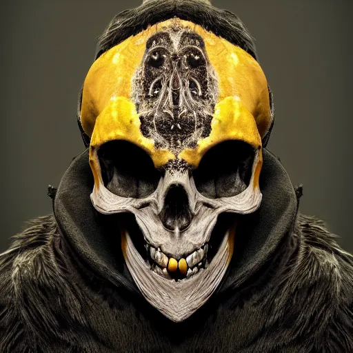 Image similar to portrait of the monster with the dear skull mask, wearing the robes, photography, highly detailed, crows eyes, gloom yellow-brown lights, 8k, artstation