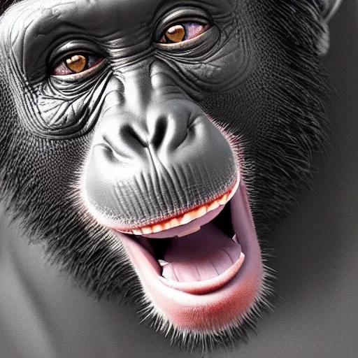 Image similar to a high detail shot of a chimp wearing a suit, smoking, render, cgsociety, photorealism