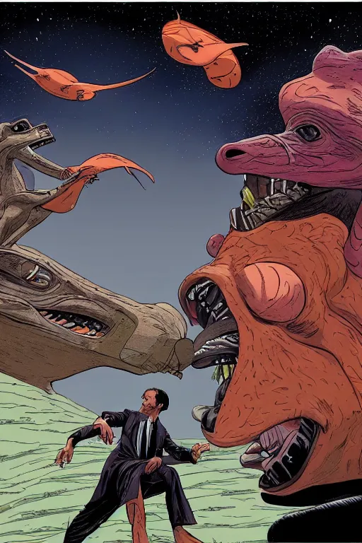 Image similar to [a fight between Macron and JarJar Binks, 4k, HD, high quality, art by Moebius]