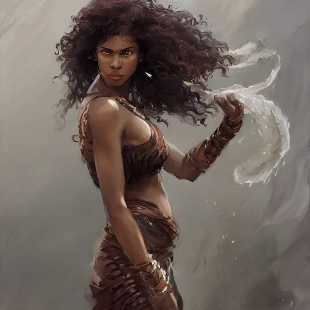 Prompt: a brown skinned woman as a waterbender, brown curly hair, portrait, elegant, intricate, digital painting, artstation, concept art, smooth, sharp focus, illustration, art by konstantin korovin and daniel f. gerhartz and john howe