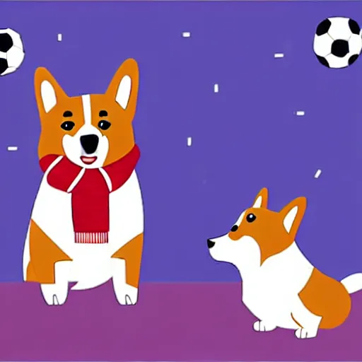 Image similar to illustration of boy playing football with a corgi wearing a polkadot scarf on the streets of paris