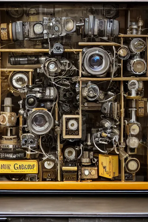 Image similar to a photo taken by someone who doesn't know how to use a camera, the most complex kodak camera ever made with vacuum tubes, capacitors and coils inside, through a dirty store window by Wes Anderson, grungy, weathered Ultra detailed, hyper realistic, 4k