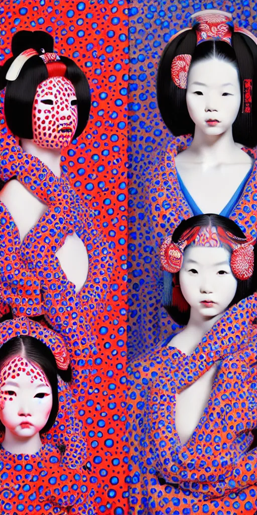 Image similar to hyperrealistic detailed image of a geisha twins in a art installation room, hd smooth interior by yayoi kusama, part by kei mieno, part by ross tran, dark art by james jean, ultra realistic, highly detailed, life like face, detailed body, 8 k, 3 d render by roger magrini, masterpiece