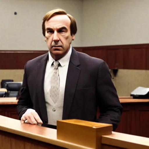 Image similar to saul goodman holding a handgun inside a courtroom, wide shot