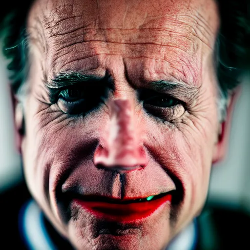 Image similar to portrait of joe biden as the joker, symmetrical, nikon 3 5 mm photography, ultrarealistic