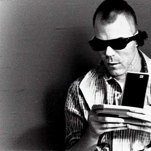 Image similar to 1 9 7 0 s vintage photograph of hunter s. thompson using an ipad, very detailed, very intricate,