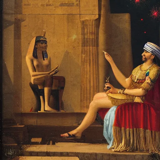 Prompt: an oil pianting of cleopatra hanging out with a man in egypt with fireworks