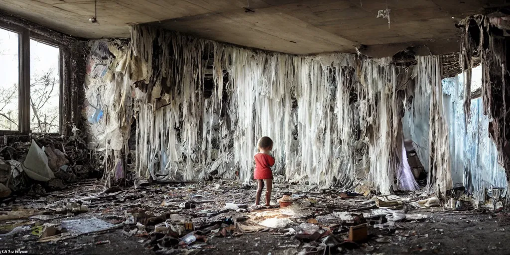 Prompt: a small child, dressed in tattered clothing peers over the edge of a massive hole in the floor of a dilapidated shack, streams of light cascade upon the room revealing glints of reflective wonder