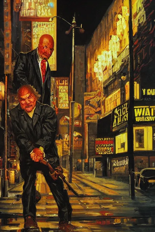 Image similar to charles bronson death wish, city street, midnight, highly detailed painting, realistic, 4 k, tom lovell painting