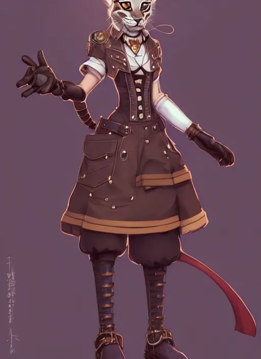 Prompt: wide angle beautiful full body portrait of a strong female anthropomorphic anthro lynx fursona wearing a steampunk dress. character design by disney, anime, manga, charlie bowater, ross tran, artgerm, and makoto shinkai, detailed, soft lighting, rendered in octane