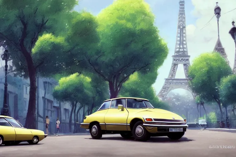 Image similar to a wholesome beautiful animation key shot of!! one!! focused!! 1 9 7 4 citroen ds!! in a paris street with trees, eiffel tower, medium wide shot, studio ghibli, ( pixar ) and disney animation, sharp, very detailed, high resolution, rendered in unreal engine 5, anime key art by greg rutkowski, bloom, dramatic lighting