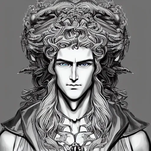 Image similar to portrait of zeus, baroque style, elegant, beautiful, mesmerizing, concept art, fancy clothing, highly detailed, artstation, behance, deviantart, inspired by innocent manga, inspired by castlevania concept art, trending, ayami kojima, shinichi sakamoto