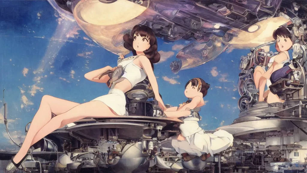 Prompt: a film still of a 1 9 5 0's mechanic anime girl sitting on top of flying ufo landing in hangar of giant ufo spaceship, sharp focus, finely detailed features, full body mid shot, perfect art, trending on pixiv fanbox, painted by gaston bussiere, makoto shinkai, akihiko yoshida, gaston bussiere, craig mullins