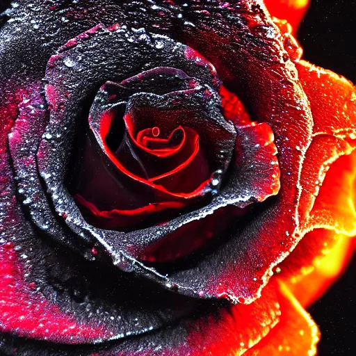 Image similar to award - winning macro of a beautiful black rose made of molten magma and nebulae on black background by harold davis, highly detailed, inner glow, trending on deviantart, artstation and flickr, nasa space photography, national geographic