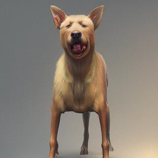 Prompt: cinematic portrait of strange kazakh drugged dog, concept art, glowing light
