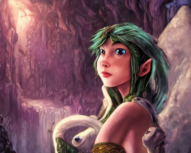 Prompt: An epic fantasy comic book style portrait painting of a very beautiful Zora from The Legend of Zelda at Zora's Domain, beautiful steamy subterranean cave, character design by Mark Ryden and Pixar and Hayao Miyazaki, unreal 5, DAZ, hyperrealistic, octane render, cosplay, RPG portrait, dynamic lighting, intricate detail, summer vibrance, cinematic