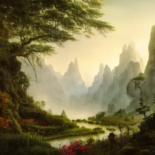 Image similar to a beautiful and highly detailed matte painting of a magical garden deep in the misty mountains, intricate details, epic scale, insanely complex, 8 k, sharp focus, hyperrealism, by caspar friedrich,