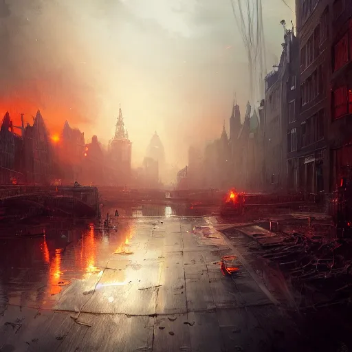 Image similar to amsterdam in a post apocalyptic earth as seen by greg rutkowski, dark theme, enchanted, warm colors, high quality, waw, trending on artstation