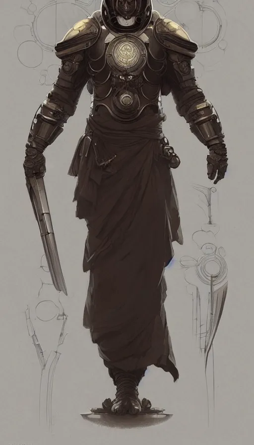 Image similar to full body Character design of a scifi religious monk with helmet, symmetrical, center punched, Archviz, elegant, intricate, digital painting, artstation, concept art, smooth, sharp focus, illustration, art by artgerm and greg rutkowski and alphonse mucha