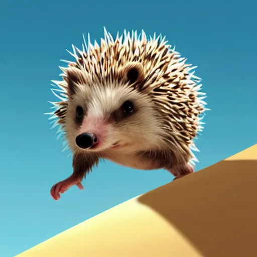 Prompt: a hedgehog on top of a big hill, about to jump to win the race, ilustration art by Goro Fujita,realistic