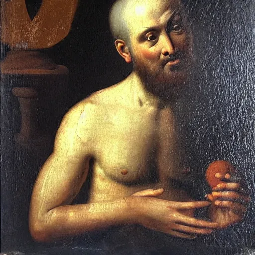 Prompt: classical painting of a man sitting and holding an orange