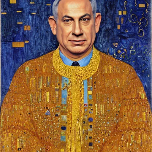 Image similar to a portrait of benjamin netanyahu wearing golden ornate robe, earings, necklace, jewels, by gustave klimt