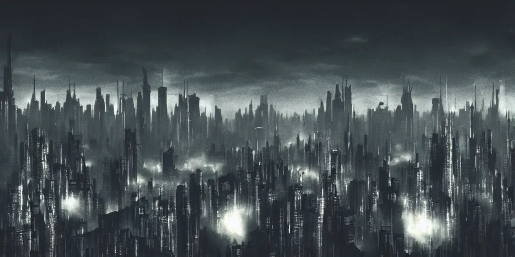 Prompt: 35mm photography film still landscape of noir cyberpunk city with industrial fires and smog, futuristic dystopian megacity skyline, matte painting, neon, sharp focus