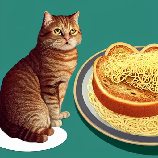 Image similar to cute fat cat sitting in behind a plate of indomie mi goreng noodles on toast, photo realistic