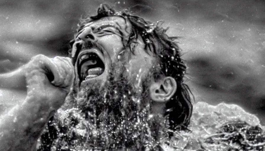 Image similar to 1 9 6 0 s movie still close up of marcus aurelius screaming frozen to death on a river shore with gravel, frozen hair, pine forests, cinestill 8 0 0 t 3 5 mm b & w, high quality, heavy grain, high detail, texture, dramatic light, anamorphic, hyperrealistic, detailed hair foggy