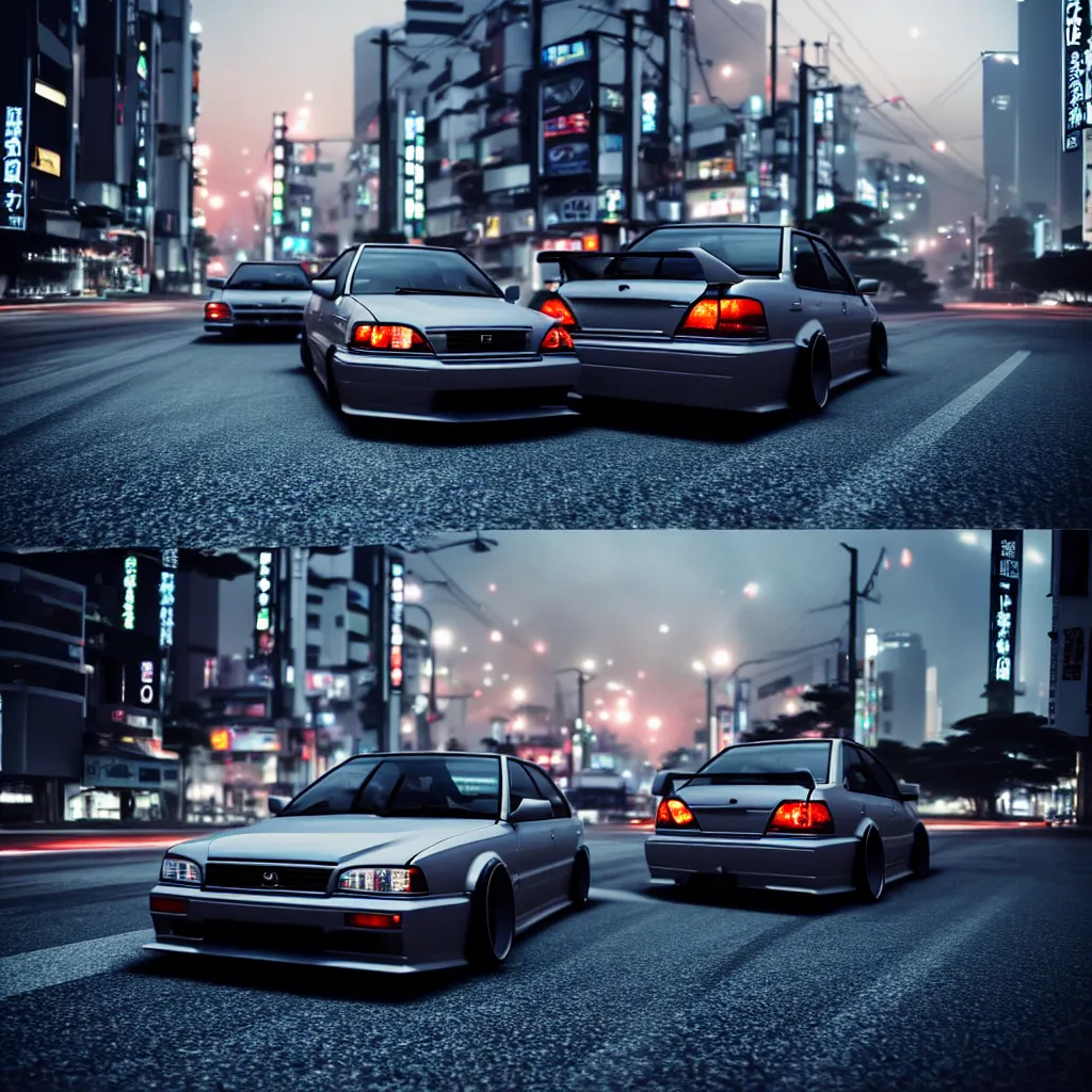 Image similar to a single car JZX100 twin turbo drift in the road, Tokyo prefecture, Japanese architecture, city sunset mist lights, cinematic lighting, photorealistic, detailed alloy wheels, highly detailed