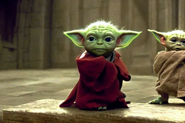 Prompt: promotional image of Baby Yoda (viewed from behind) standing in front of the Mirror of Erised in Harry Potter and the Philosopher's Stone (2001), movie still frame, promotional image, imax 70 mm footage