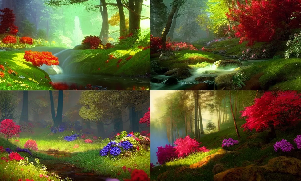 Prompt: stream of colorful flowers in the forest, mysterious and magical, by Ivan Aivazovsky and Albert Bierstadt, light effect，Unreal Engine