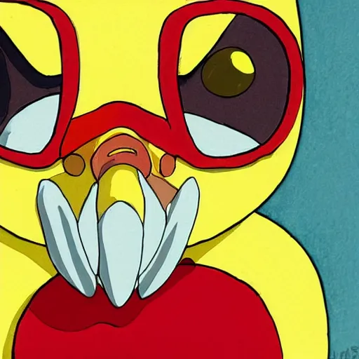 Prompt: yellow duckling wearing a white and red mask ghibli style by hayao miyazaki