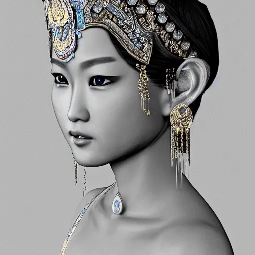 Image similar to an asian female goddess, ornate, headpiece, 8 k, photorealistic, intrinsic details, trending in artstation