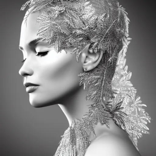 Prompt: a highly detailed digital image of a beautiful elegant woman wrapped in silver leaves, artstation, extremely detailed woman, stunning volumetric lighting, hyper realism, fantasy 4k,