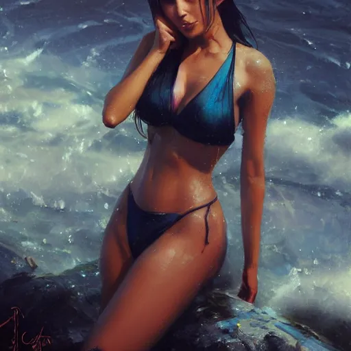 Image similar to bikini girl, expressive oil painting, by yoshitaka amano, by greg rutkowski, by jeremy lipking, by artgerm,, h e giger, digital art, octane render