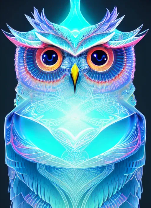 Image similar to symmetry!! product render poster vivid colors divine proportion owl, ice and snow, glowing fog intricate, elegant, highly detailed, digital painting, artstation, concept art, smooth, sharp focus, illustration,